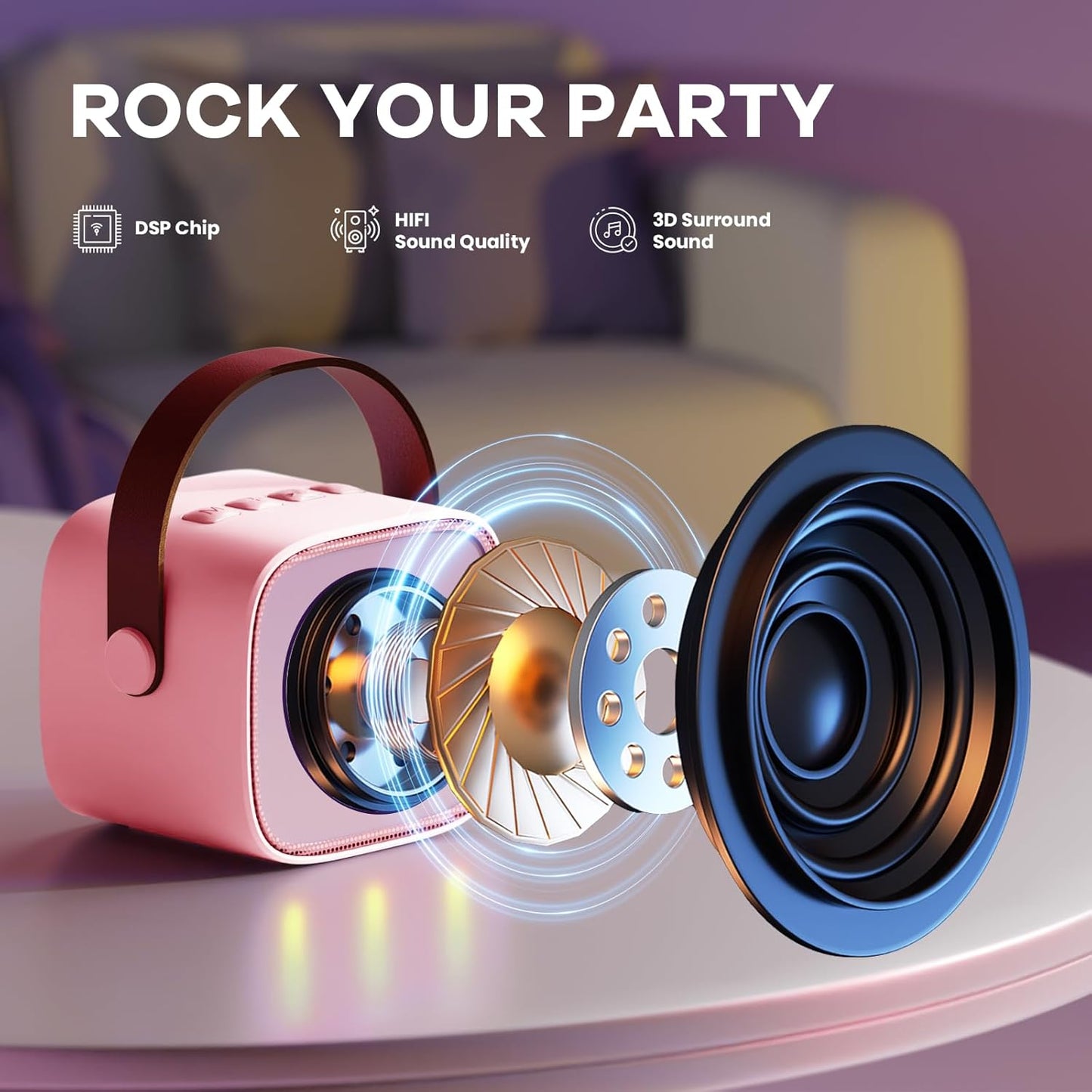 Avelena | Tragbare Mini Karaoke Maschine mit Bluetooth Lautsprecher & 2 Wireless Mikros – Veylo