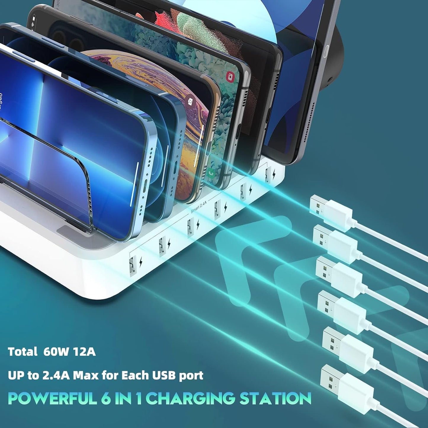 Avelena | 6-Port Mehrgerät-Schnellladegerät Organizer mit Smart IC & Kabelset