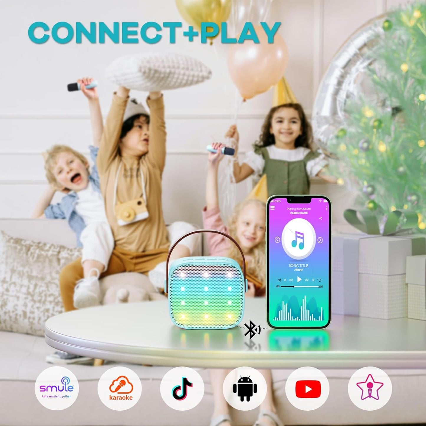 Avelena | Tragbare Mini Karaoke Maschine mit Bluetooth Lautsprecher & 2 Wireless Mikros – Veylo