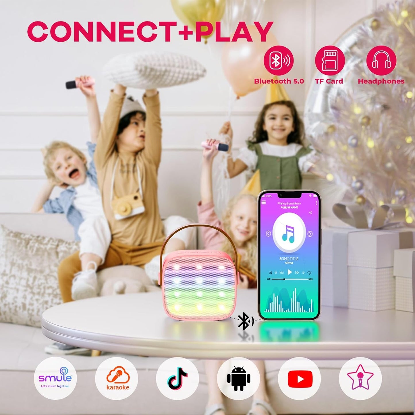 Avelena | Tragbare Mini Karaoke Maschine mit Bluetooth Lautsprecher & 2 Wireless Mikros – Veylo