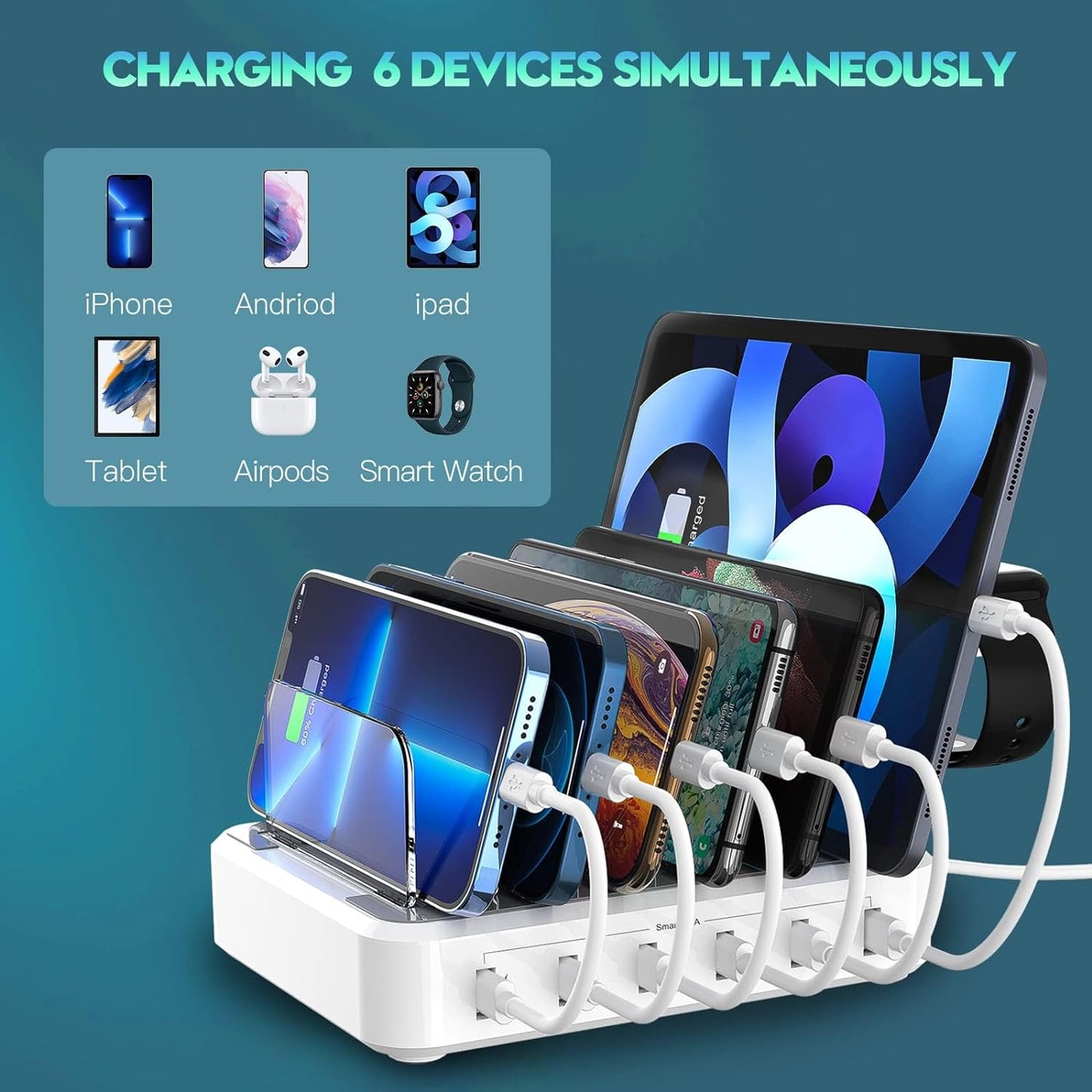 Avelena | 6-Port Mehrgerät-Schnellladegerät Organizer mit Smart IC & Kabelset