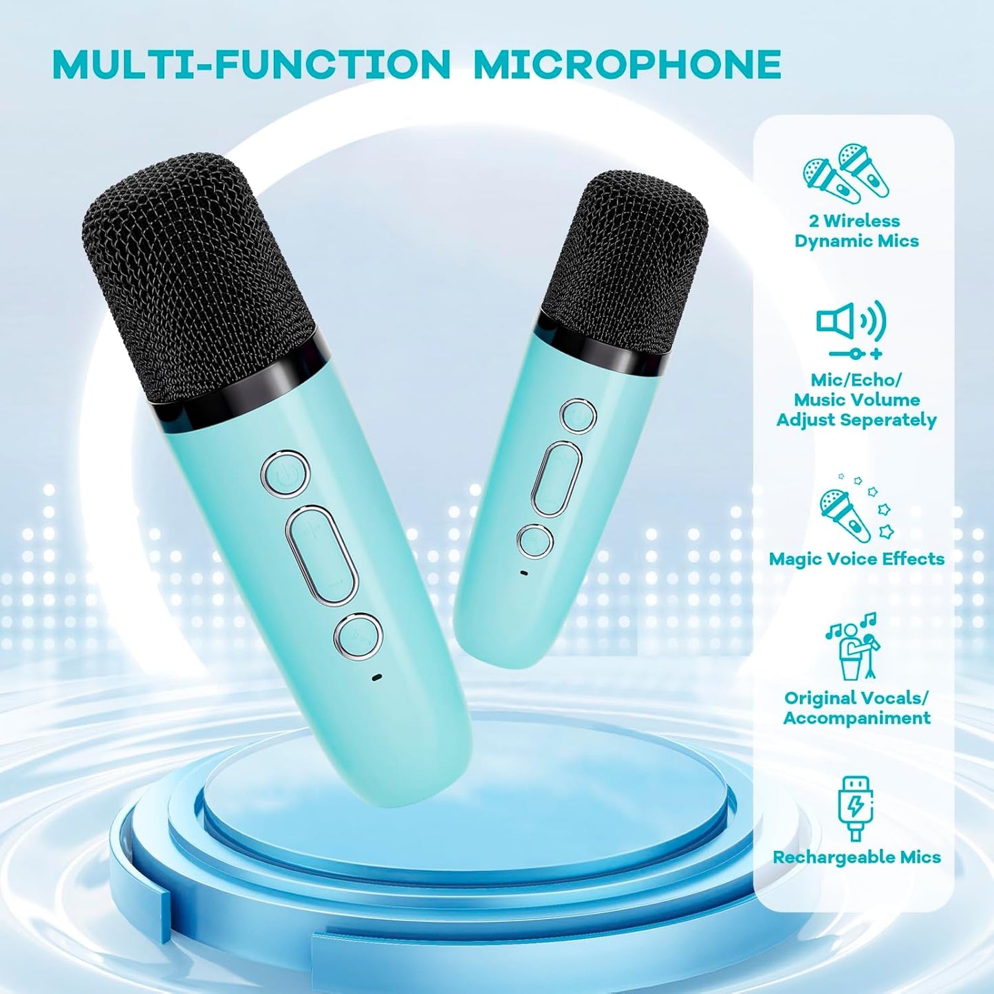 Avelena | Tragbare Mini Karaoke Maschine mit Bluetooth Lautsprecher & 2 Wireless Mikros – Veylo