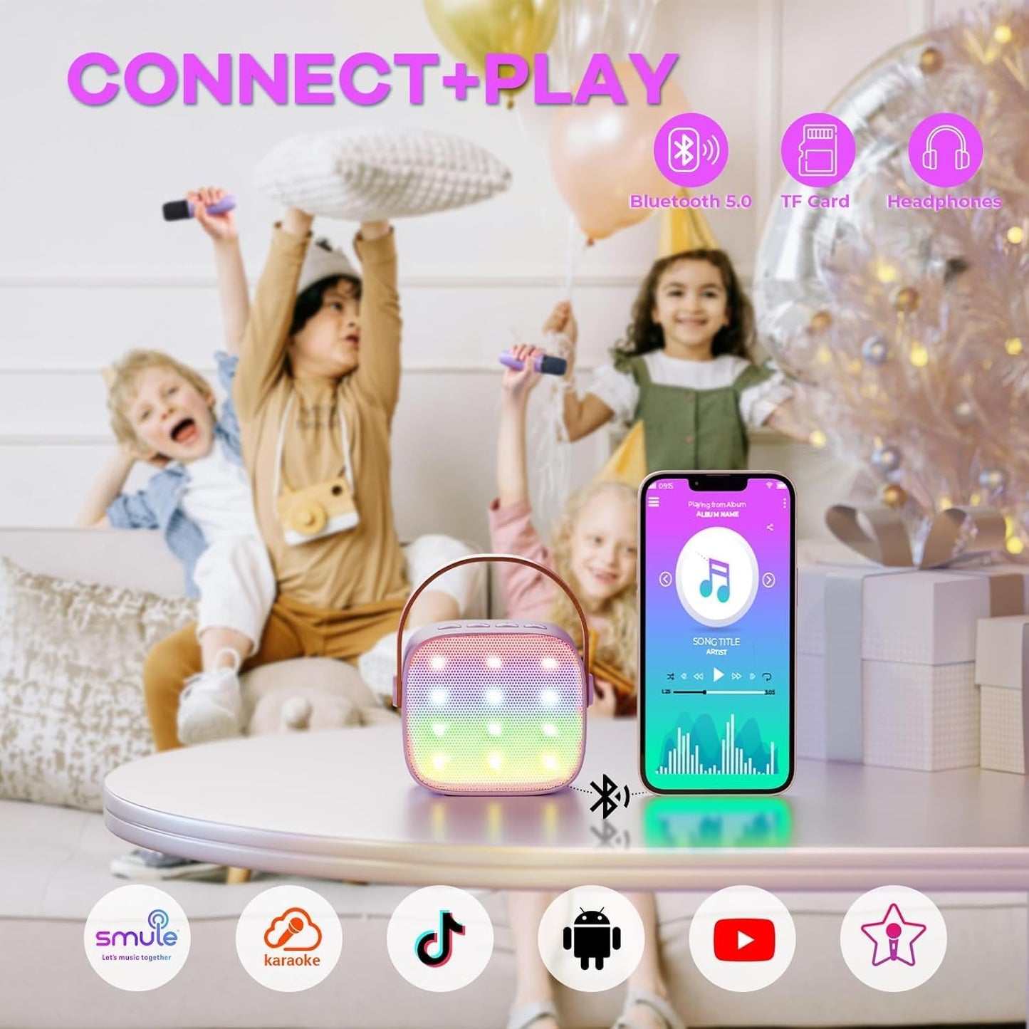 Avelena | Tragbare Mini Karaoke Maschine mit Bluetooth Lautsprecher & 2 Wireless Mikros – Veylo