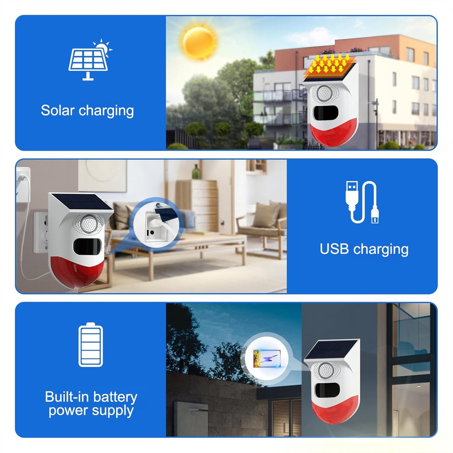 Avelena | Solar Motion Sensor Alarm mit 120dB Sirene und LED-Stroboskop – Feronix