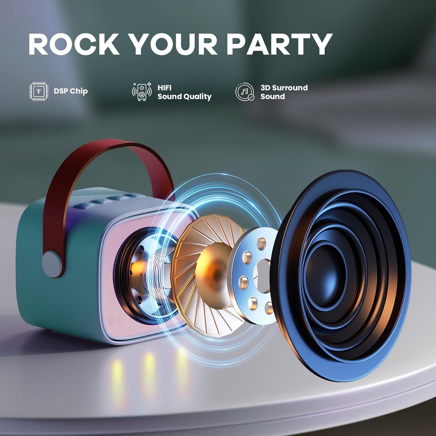 Avelena | Tragbare Mini Karaoke Maschine mit Bluetooth Lautsprecher & 2 Wireless Mikros – Veylo