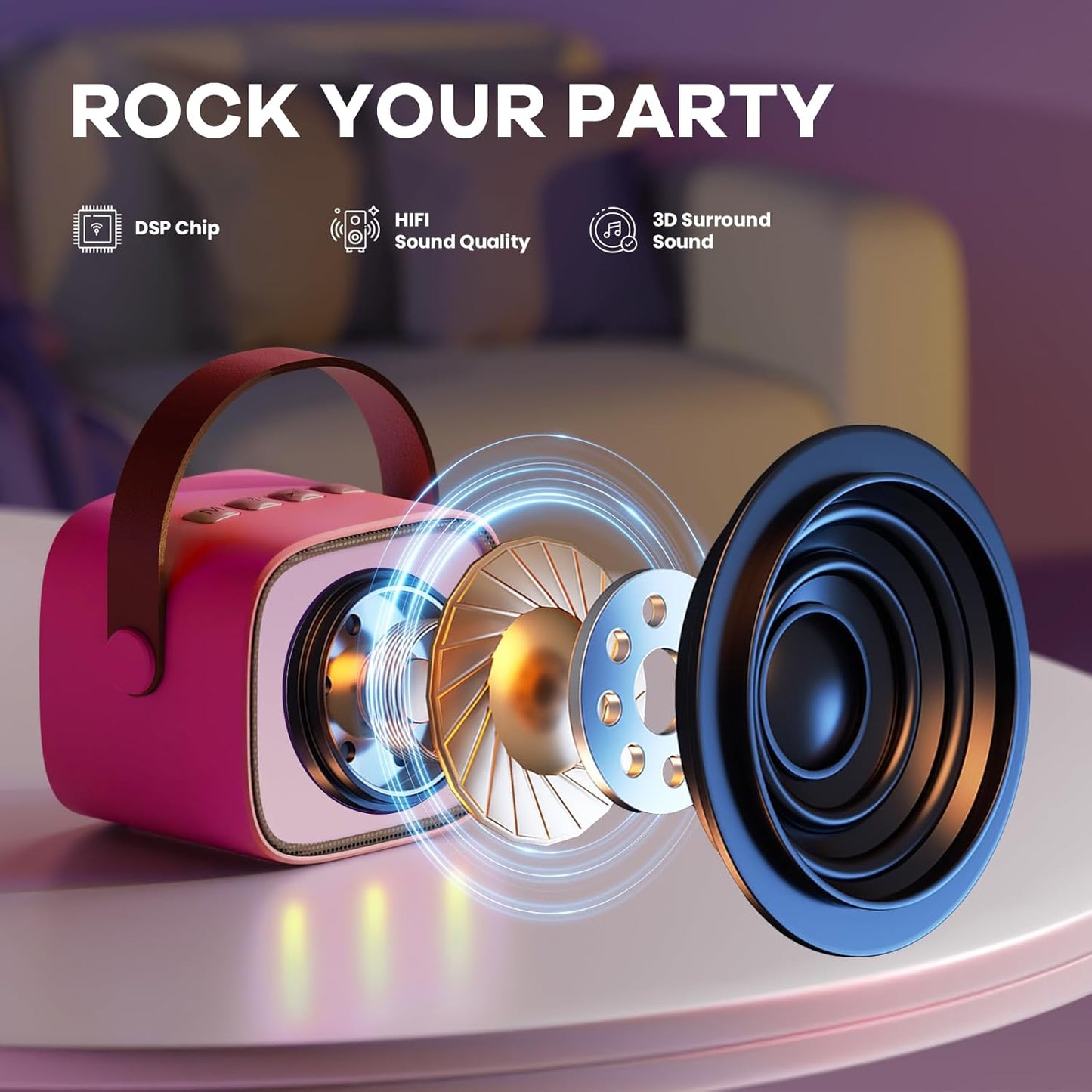 Avelena | Tragbare Mini Karaoke Maschine mit Bluetooth Lautsprecher & 2 Wireless Mikros – Veylo