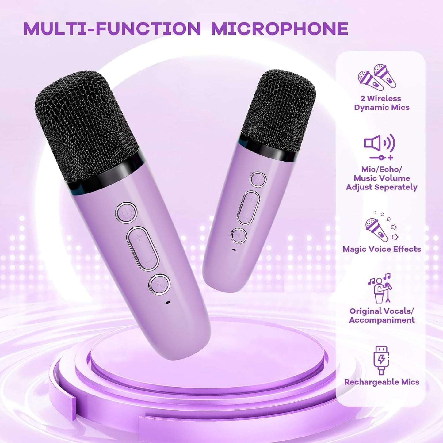 Avelena | Tragbare Mini Karaoke Maschine mit Bluetooth Lautsprecher & 2 Wireless Mikros – Veylo