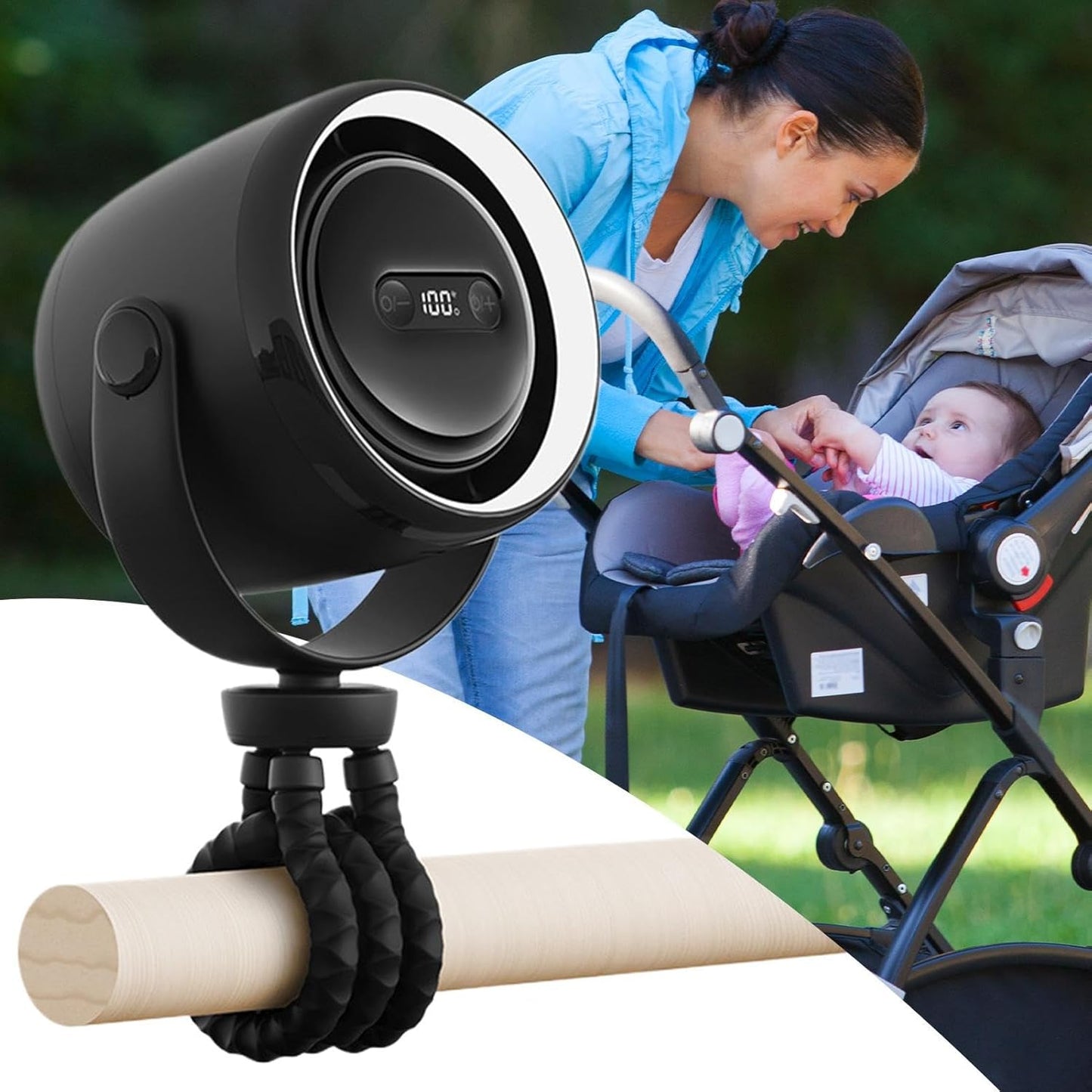 Avelena | Wiederaufladbarer Clip-On Kinderwagen Ventilator mit Nachtlicht 100 Geschwindigkeiten
