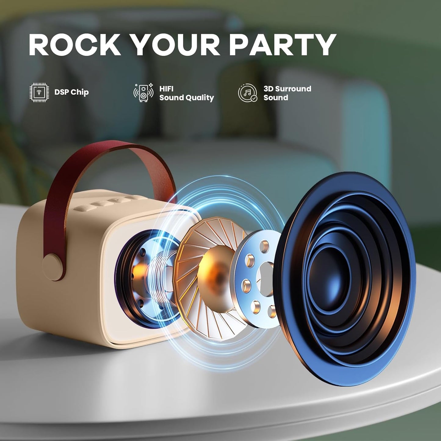 Avelena | Tragbare Mini Karaoke Maschine mit Bluetooth Lautsprecher & 2 Wireless Mikros – Veylo