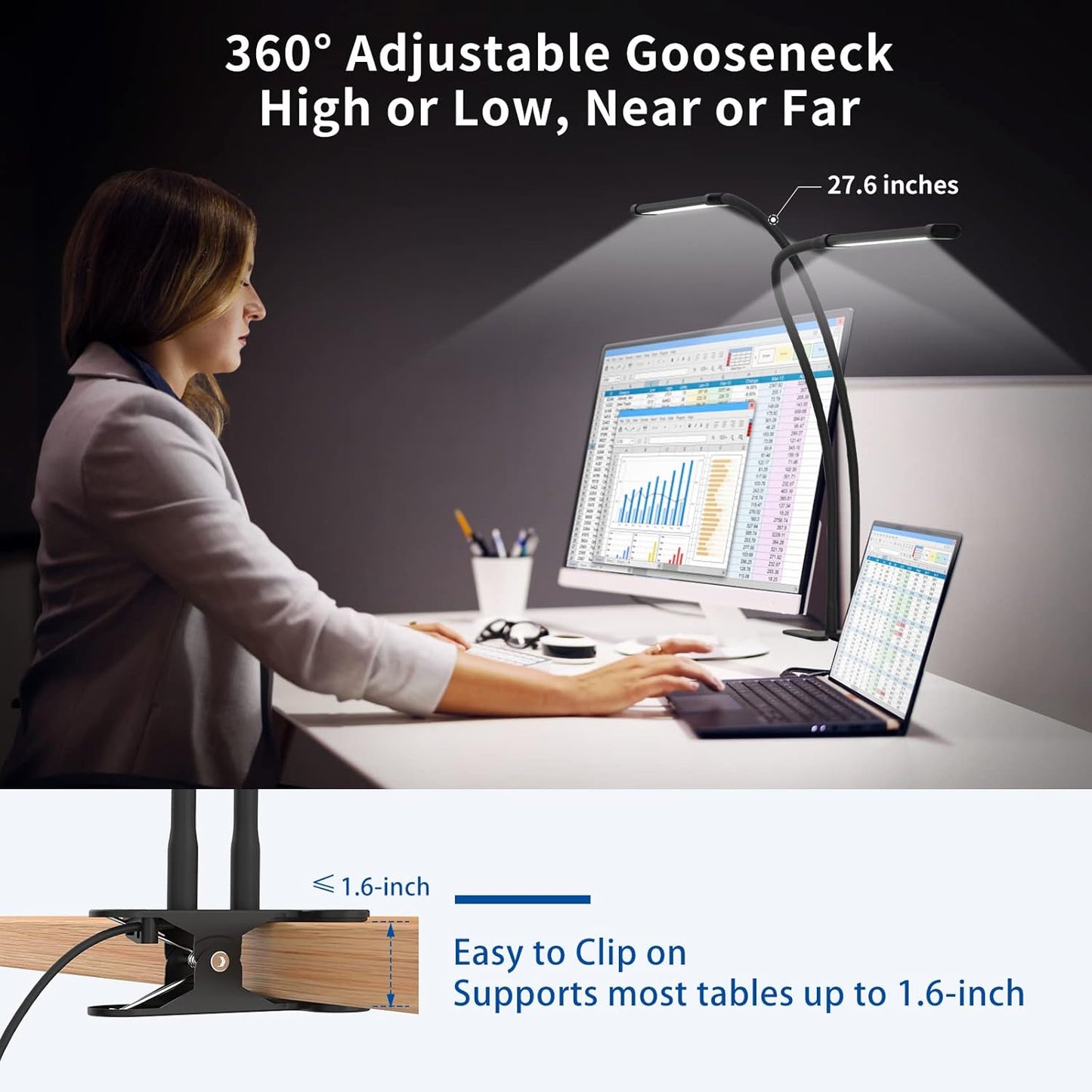 Avelena | 77 LED Tischklemmlampe mit 70 cm flexiblem Schwanenhals – Ravien
