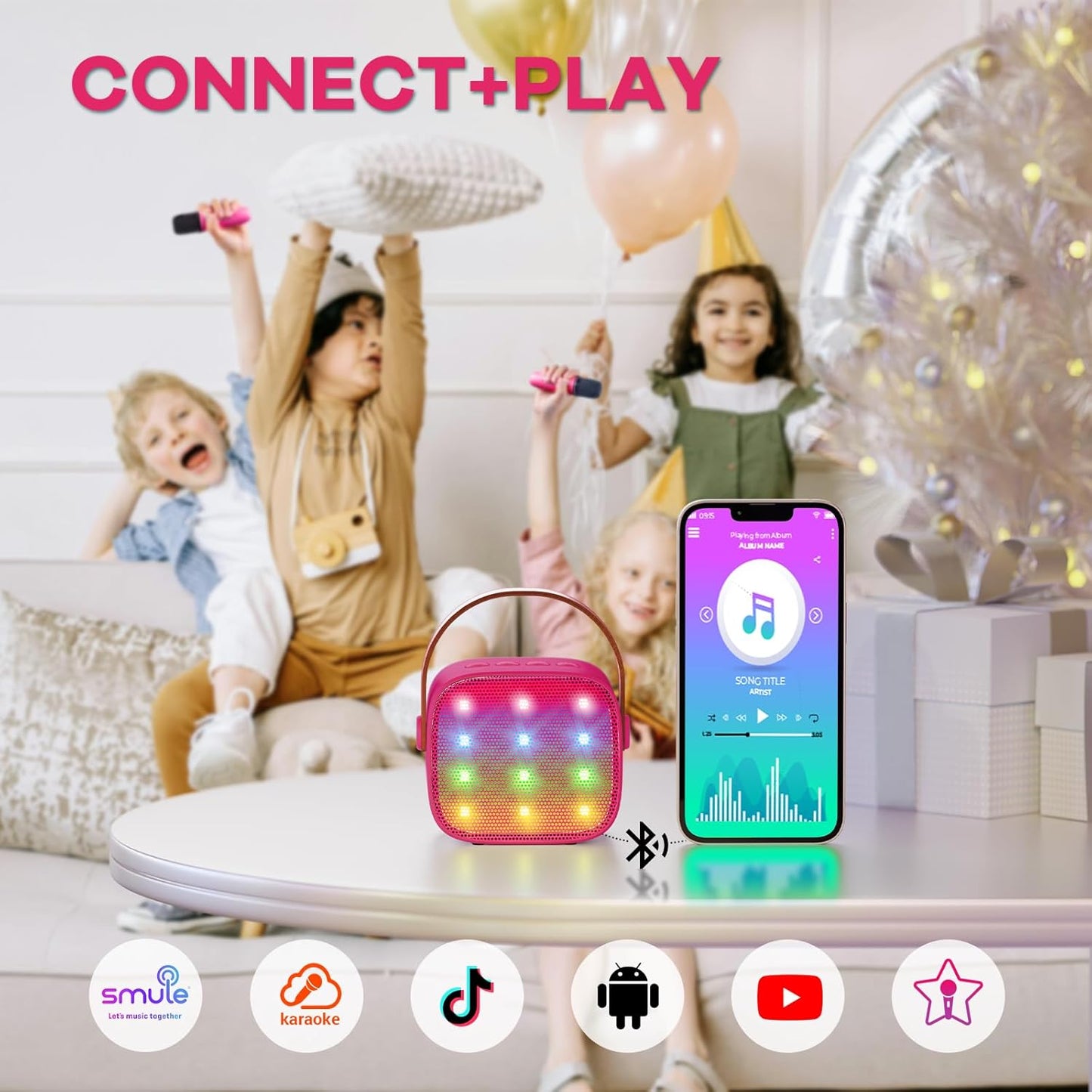 Avelena | Tragbare Mini Karaoke Maschine mit Bluetooth Lautsprecher & 2 Wireless Mikros – Veylo