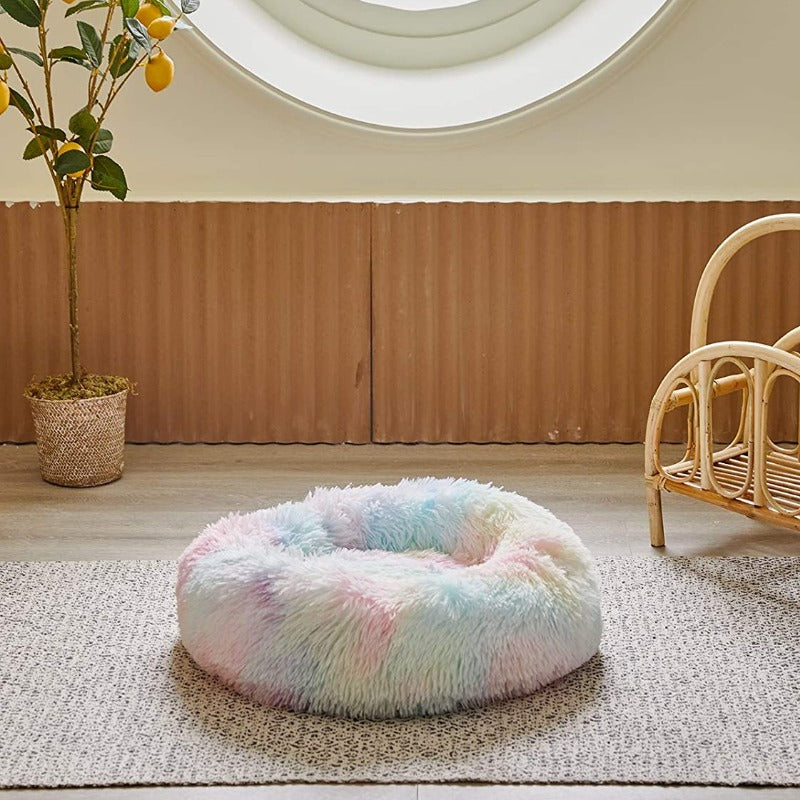 Avelena | Runder Regenbogen Extra Plüsch Beruhigender Donut Hundebetten