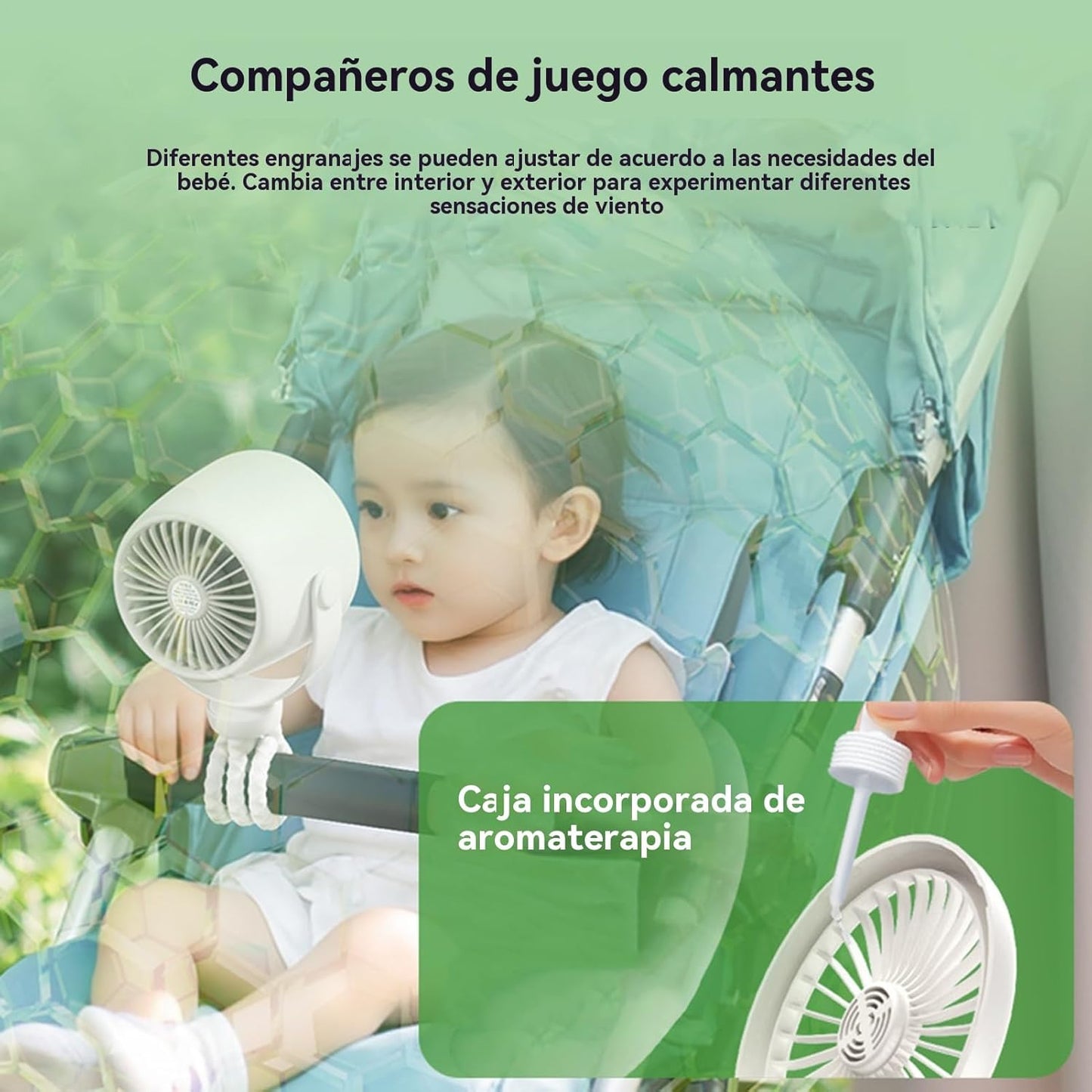 Avelena | Wiederaufladbarer Clip-On Kinderwagen Ventilator mit Nachtlicht 100 Geschwindigkeiten