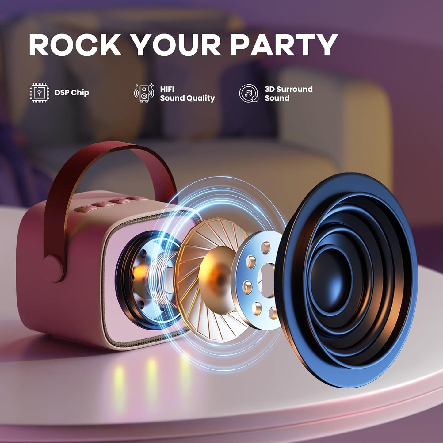 Avelena | Tragbare Mini Karaoke Maschine mit Bluetooth Lautsprecher & 2 Wireless Mikros – Veylo