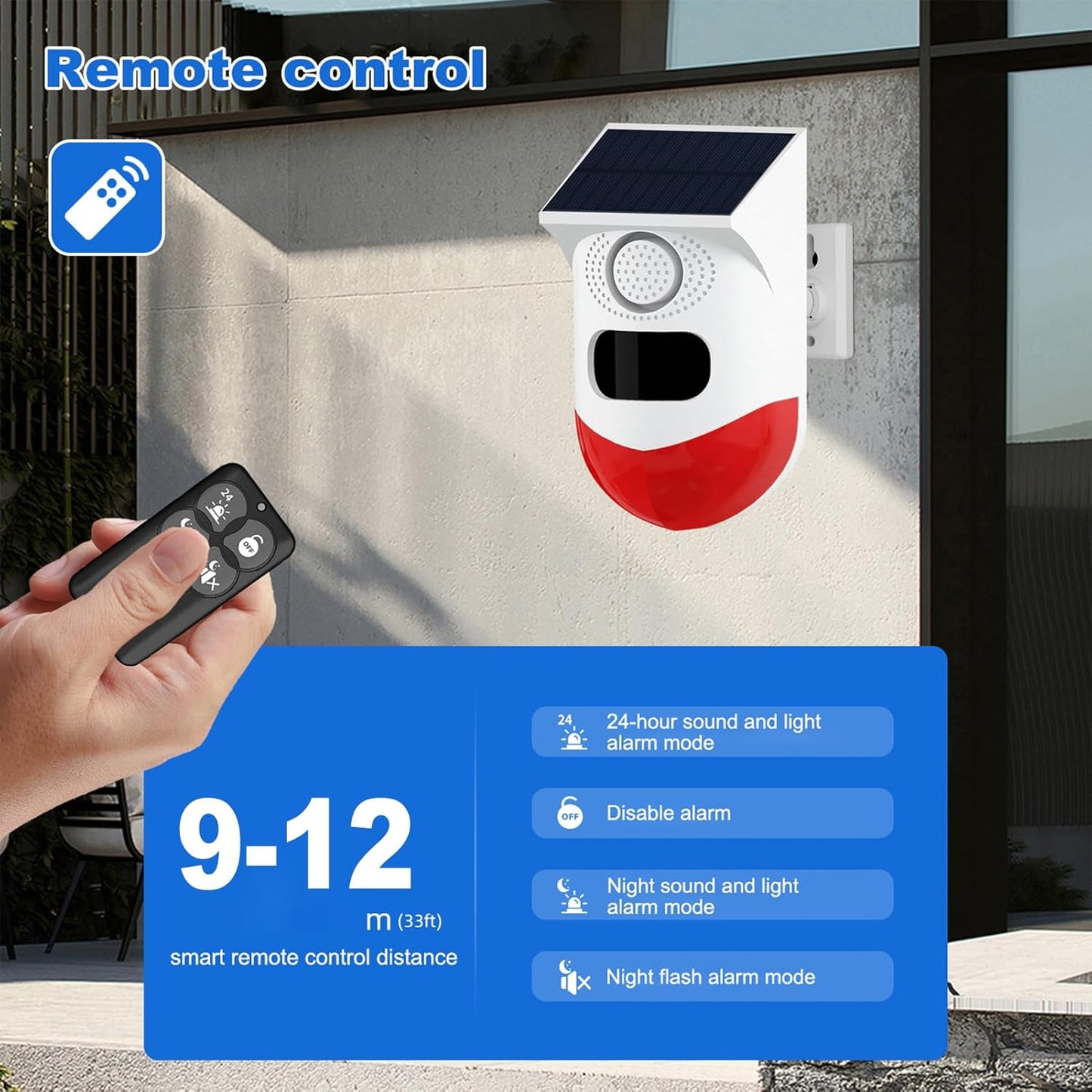 Avelena | Solar Motion Sensor Alarm mit 120dB Sirene und LED-Stroboskop – Feronix
