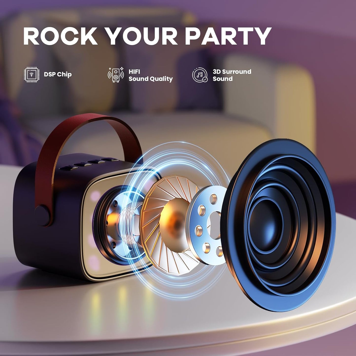 Avelena | Tragbare Mini Karaoke Maschine mit Bluetooth Lautsprecher & 2 Wireless Mikros – Veylo