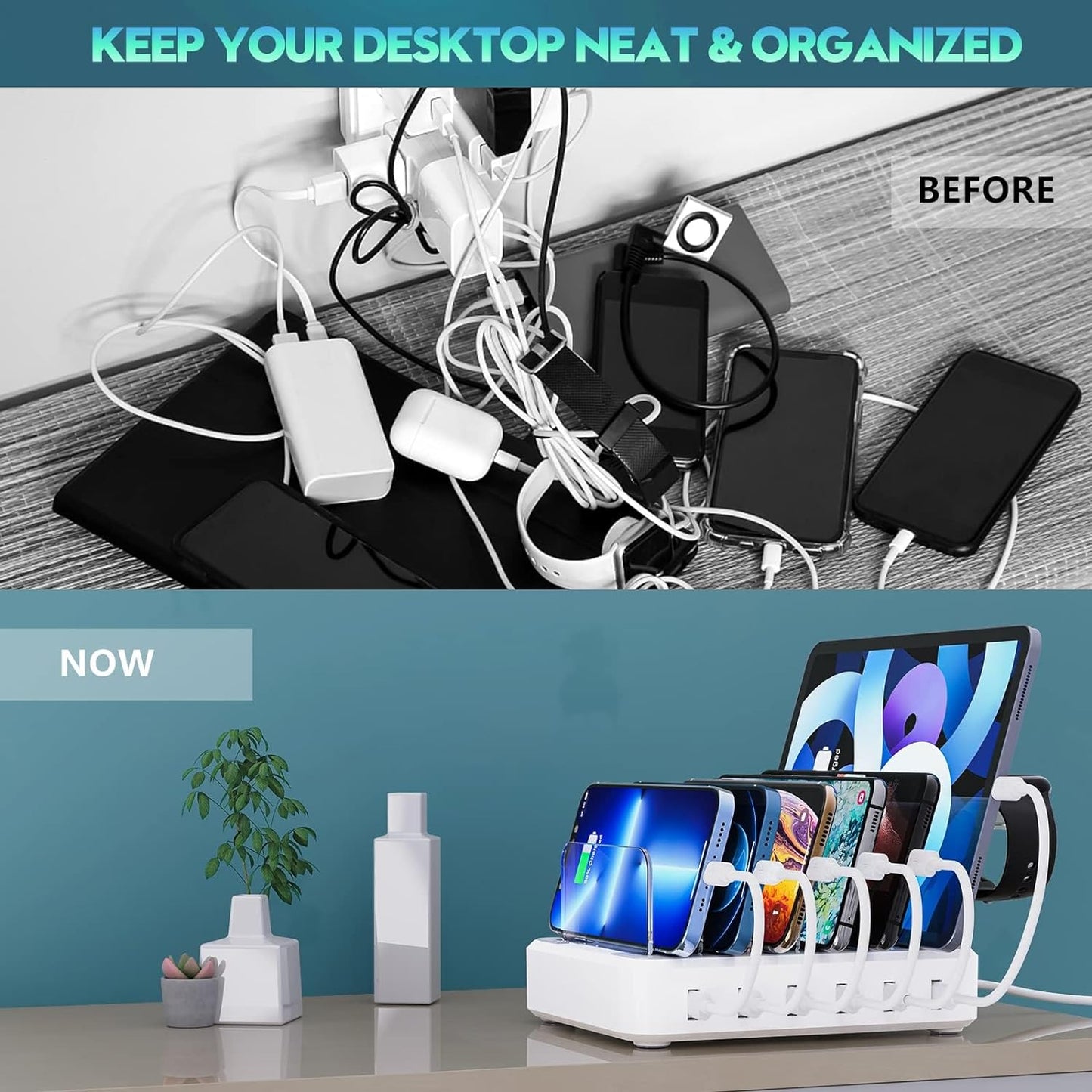 Avelena | 6-Port Mehrgerät-Schnellladegerät Organizer mit Smart IC & Kabelset