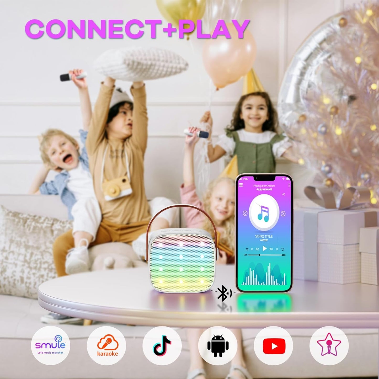 Avelena | Tragbare Mini Karaoke Maschine mit Bluetooth Lautsprecher & 2 Wireless Mikros – Veylo