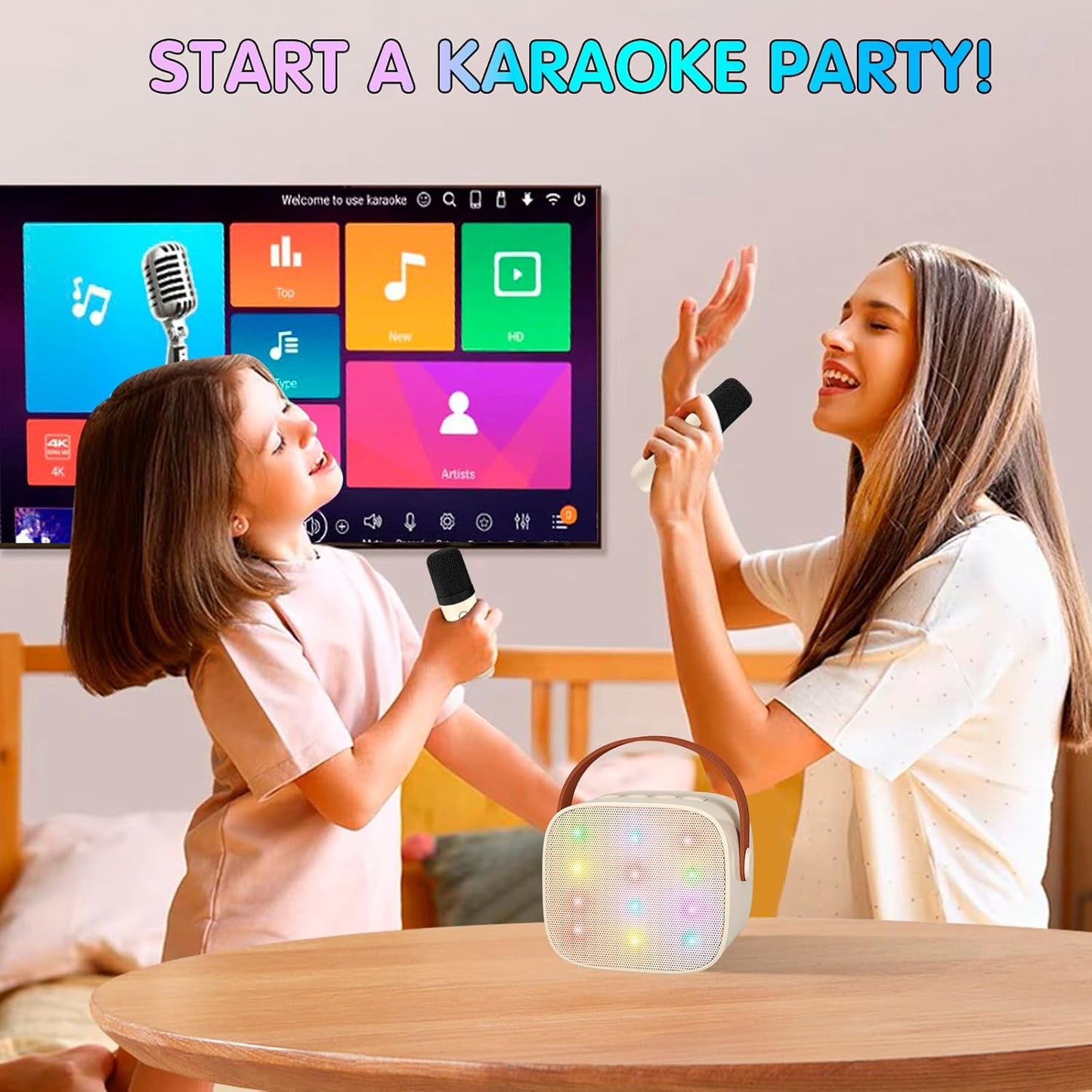 Avelena | Tragbare Mini Karaoke Maschine mit Bluetooth Lautsprecher & 2 Wireless Mikros – Veylo