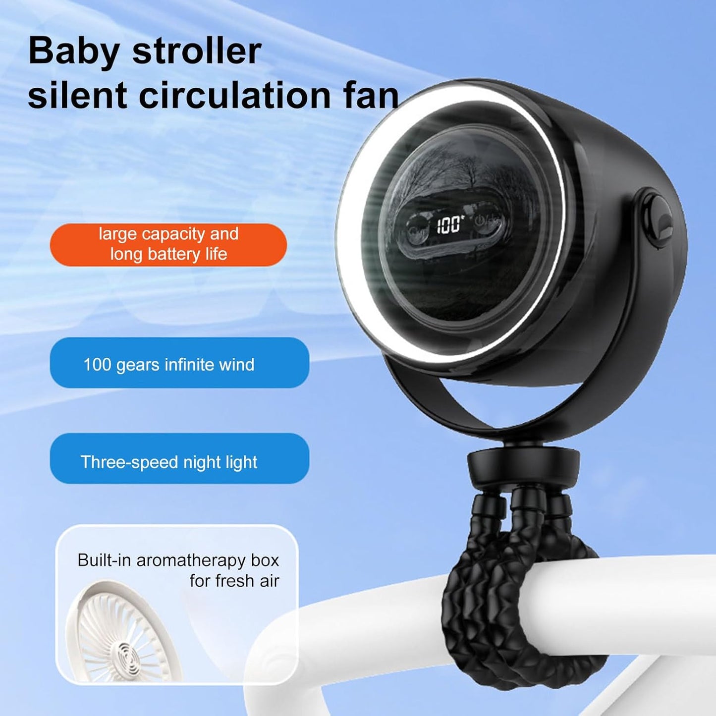Avelena | Wiederaufladbarer Clip-On Kinderwagen Ventilator mit Nachtlicht 100 Geschwindigkeiten
