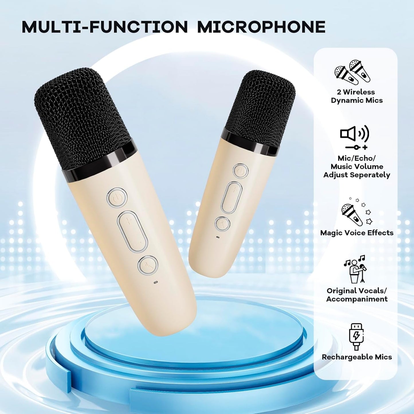 Avelena | Tragbare Mini Karaoke Maschine mit Bluetooth Lautsprecher & 2 Wireless Mikros – Veylo
