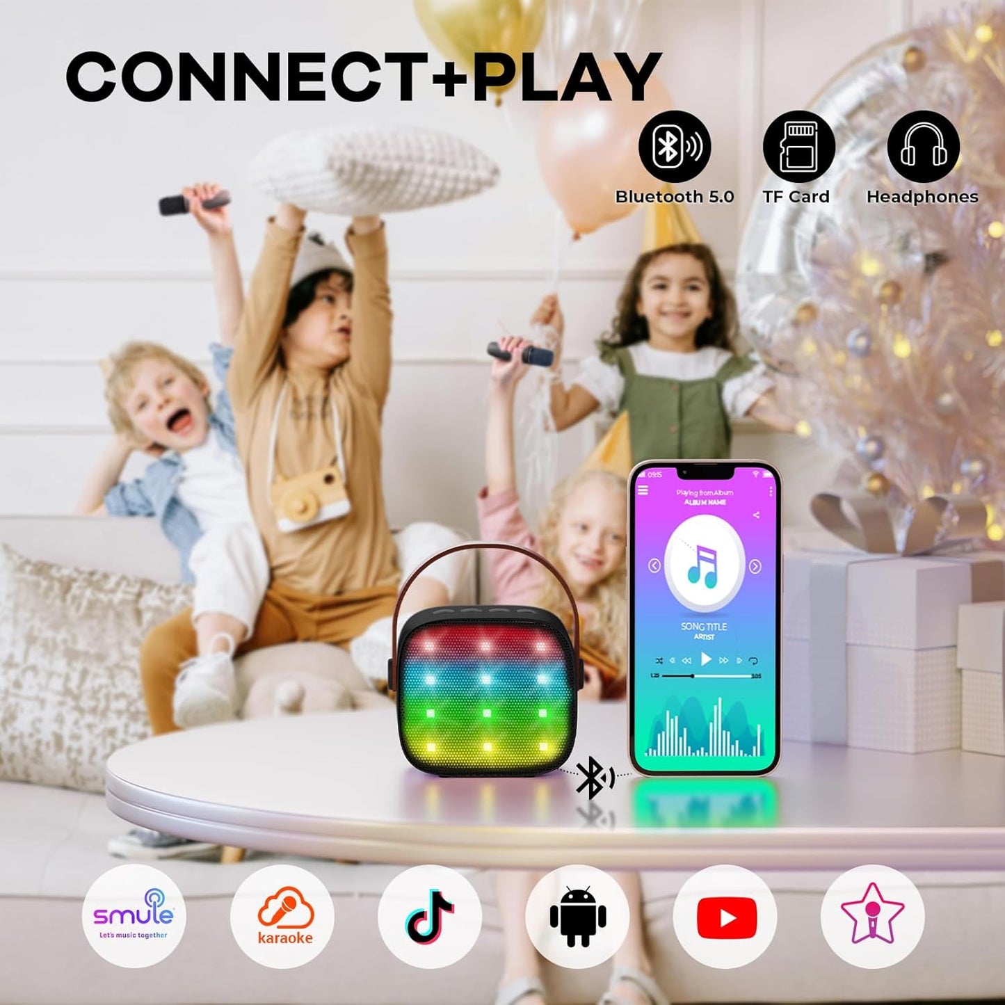 Avelena | Tragbare Mini Karaoke Maschine mit Bluetooth Lautsprecher & 2 Wireless Mikros – Veylo
