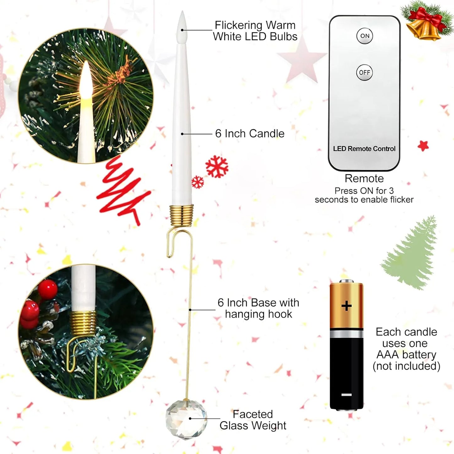 Avelena | Weihnachtsbaum LED-Kerzen Set | 12 Stück mit Fernbedienung & Timer | Warmweißes Flackern | Flameless & sicher