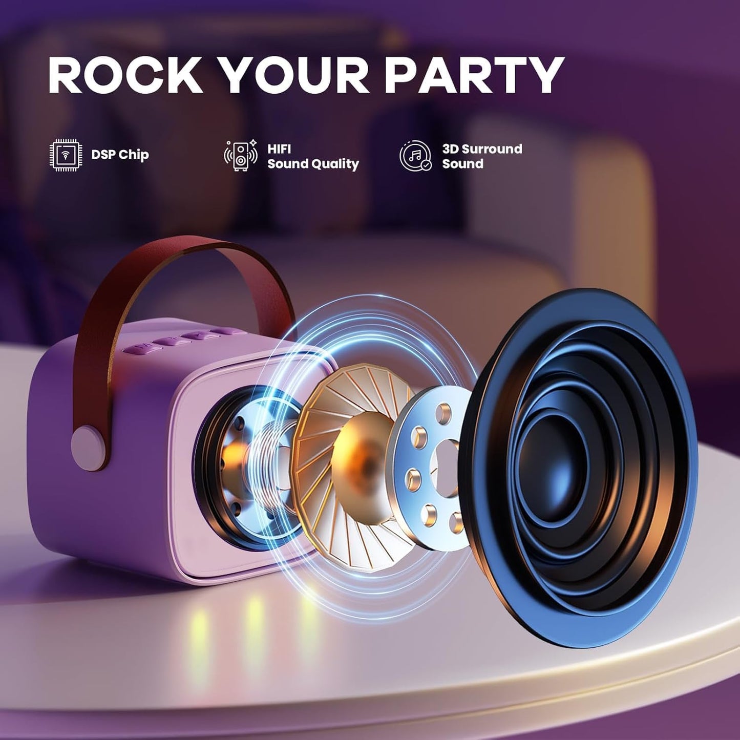 Avelena | Tragbare Mini Karaoke Maschine mit Bluetooth Lautsprecher & 2 Wireless Mikros – Veylo