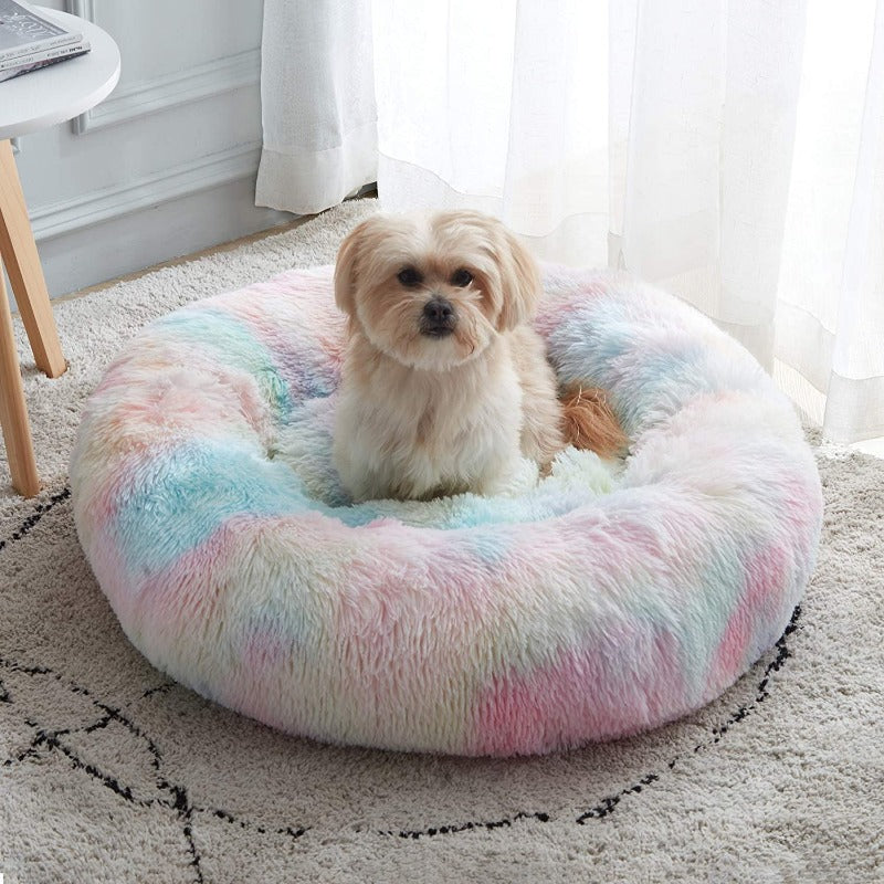 Avelena | Runder Regenbogen Extra Plüsch Beruhigender Donut Hundebetten