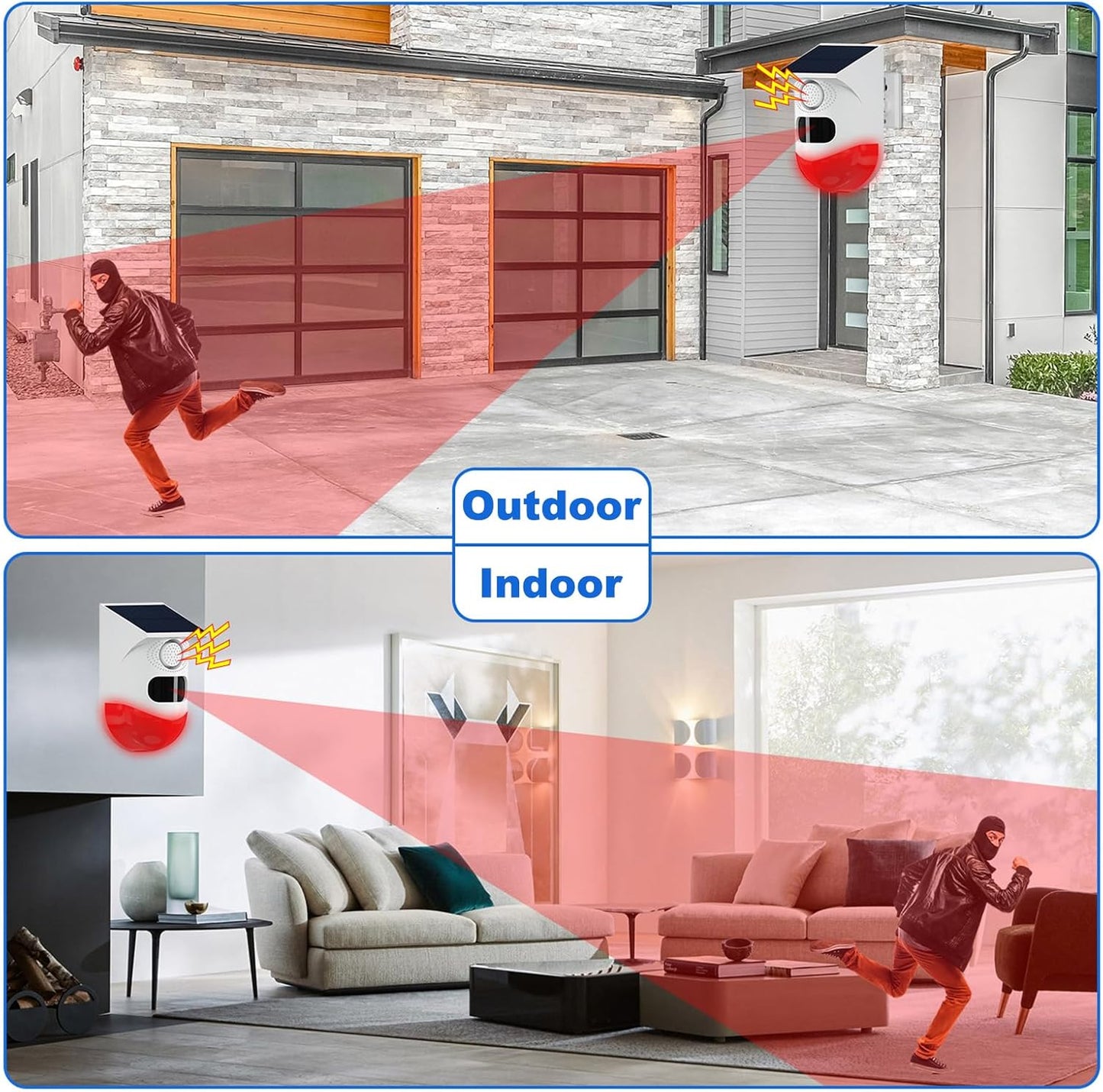 Avelena | Solar Motion Sensor Alarm mit 120dB Sirene und LED-Stroboskop – Feronix