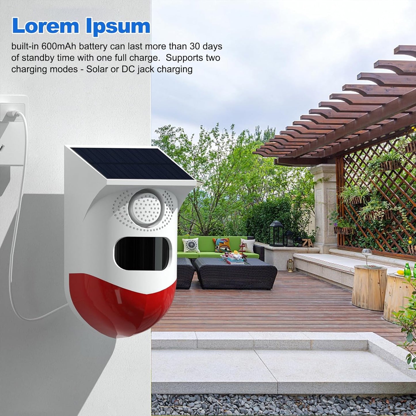 Avelena | Solar Motion Sensor Alarm mit 120dB Sirene und LED-Stroboskop – Feronix