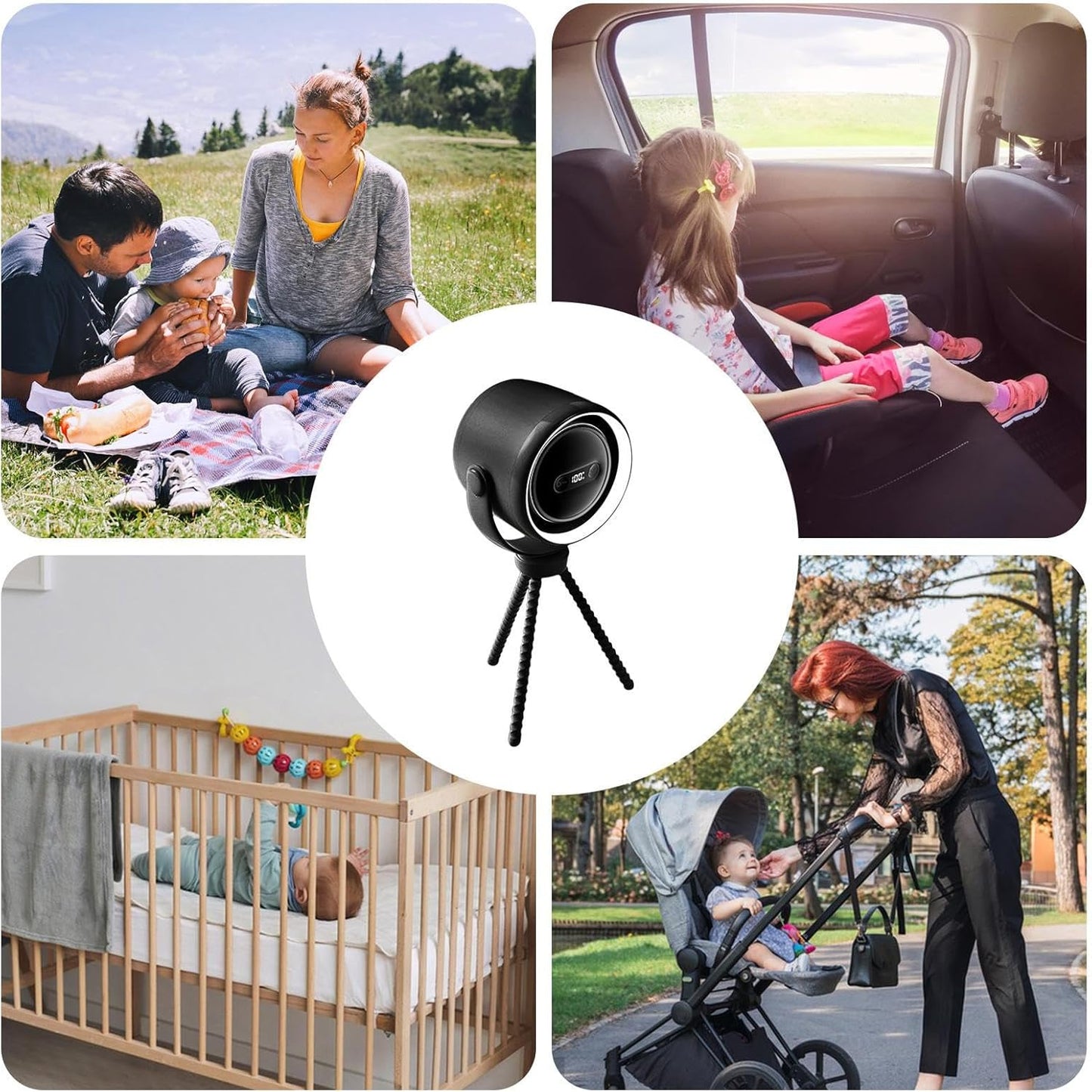 Avelena | Wiederaufladbarer Clip-On Kinderwagen Ventilator mit Nachtlicht 100 Geschwindigkeiten