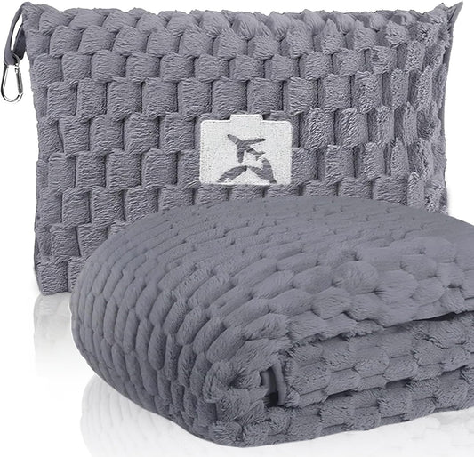 Avelena | Verpackbares Flanell-Reise-Decke mit Kissenbeutel und Gepäckschlauch – Trevora