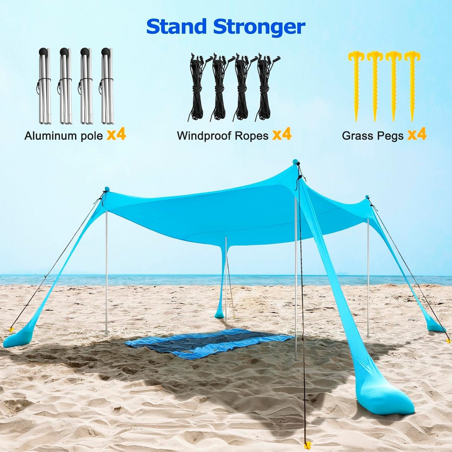 Avelena | UPF50+ Familien-Strandzelt mit Aluminiumstangen und Sandankern