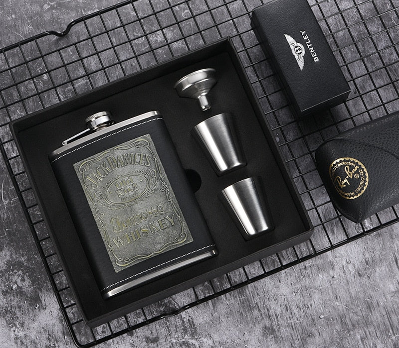Avelena | 8oz Whisky-Flasche aus Edelstahl Alkohol-Trichter Hüftflasche Bestickte Goldene Seidenstoff Verpackung Geschenk-Box Set