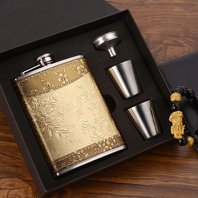 Avelena | 8oz Whisky-Flasche aus Edelstahl Alkohol-Trichter Hüftflasche Bestickte Goldene Seidenstoff Verpackung Geschenk-Box Set