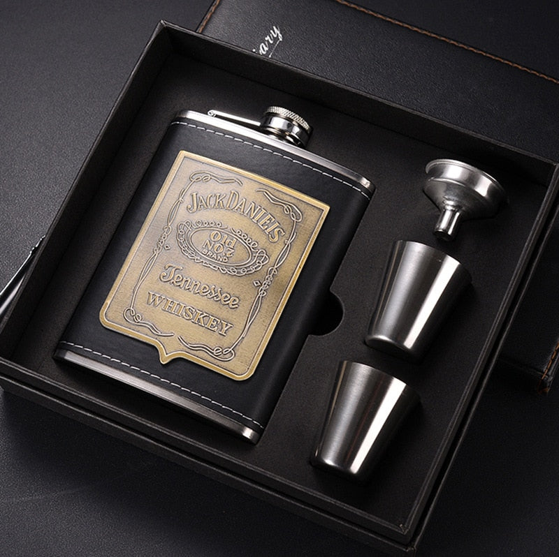 Avelena | 8oz Whisky-Flasche aus Edelstahl Alkohol-Trichter Hüftflasche Bestickte Goldene Seidenstoff Verpackung Geschenk-Box Set