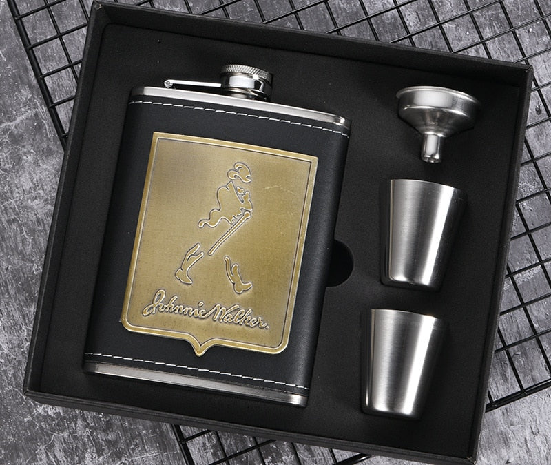 Avelena | 8oz Whisky-Flasche aus Edelstahl Alkohol-Trichter Hüftflasche Bestickte Goldene Seidenstoff Verpackung Geschenk-Box Set