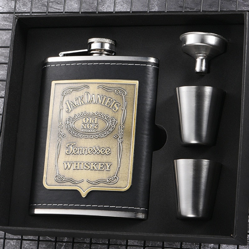 Avelena | 8oz Whisky-Flasche aus Edelstahl Alkohol-Trichter Hüftflasche Bestickte Goldene Seidenstoff Verpackung Geschenk-Box Set