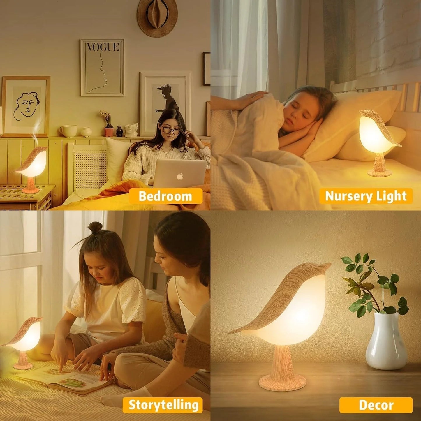 Avelena | Touch-Control Holzvogel Nachtlicht - Wiederaufladbare LED Nachttischlampe
