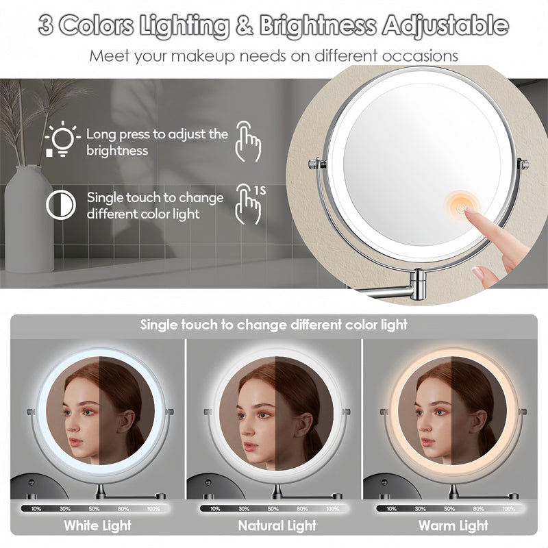 Avelena | Wiederaufladbarer Wandspiegel zum Rasieren | 360° Drehung. 1X/10X Vergrößerung & Einstellbare LED-Beleuchtung für den Einsatz im Badezimmer