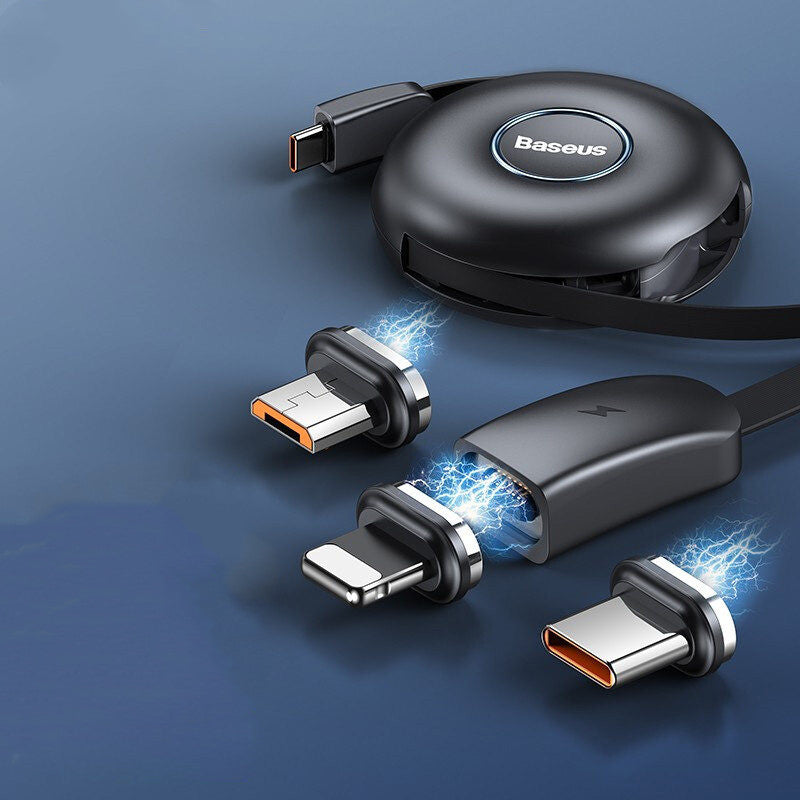 Avelena | 3-in-1 tragbares dehnbares USB-C Ladegerätkabel, mit magnetischen Anschlüssen (USB-C, Lightning & Micro), für Telefon, Tablet & mehr