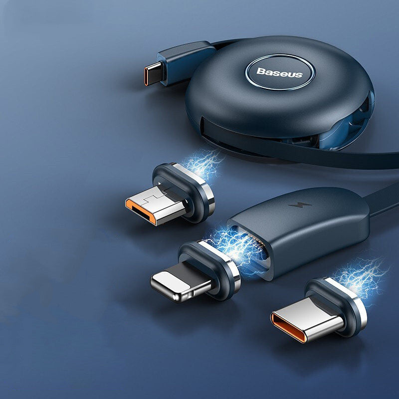 Avelena | 3-in-1 tragbares dehnbares USB-C Ladegerätkabel, mit magnetischen Anschlüssen (USB-C, Lightning & Micro), für Telefon, Tablet & mehr