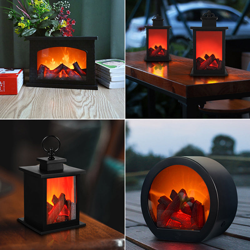 Avelena | Zeitgenössische Retro ABS Simulierte Flamme Kamin Runde Batterie Rechteckige LED Tischlampe Für Wohnzimmer