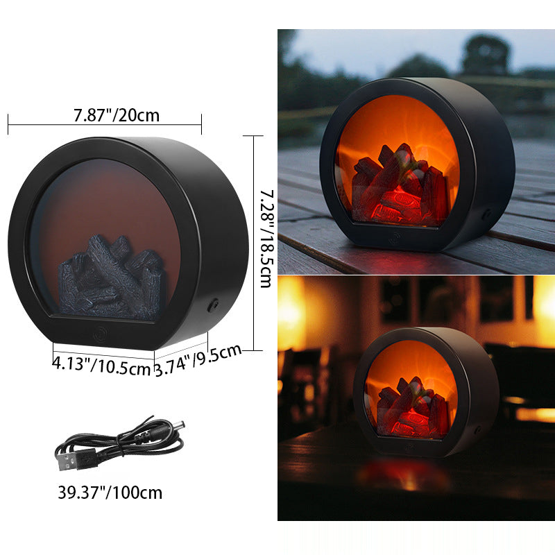 Avelena | Zeitgenössische Retro ABS Simulierte Flamme Kamin Runde Batterie Rechteckige LED Tischlampe Für Wohnzimmer