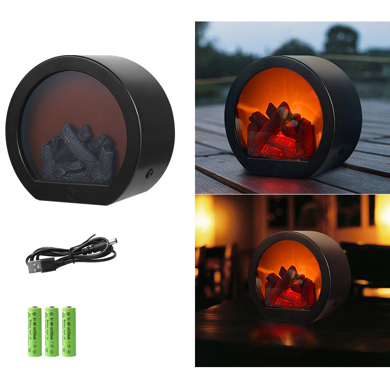 Avelena | Zeitgenössische Retro ABS Simulierte Flamme Kamin Runde Batterie Rechteckige LED Tischlampe Für Wohnzimmer