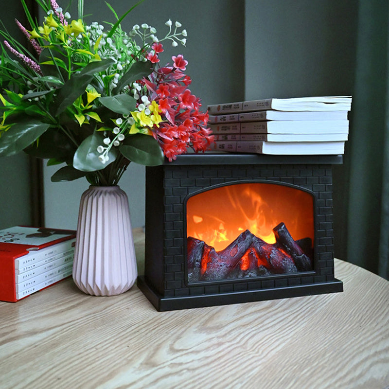 Avelena | Zeitgenössische Retro ABS Simulierte Flamme Kamin Runde Batterie Rechteckige LED Tischlampe Für Wohnzimmer