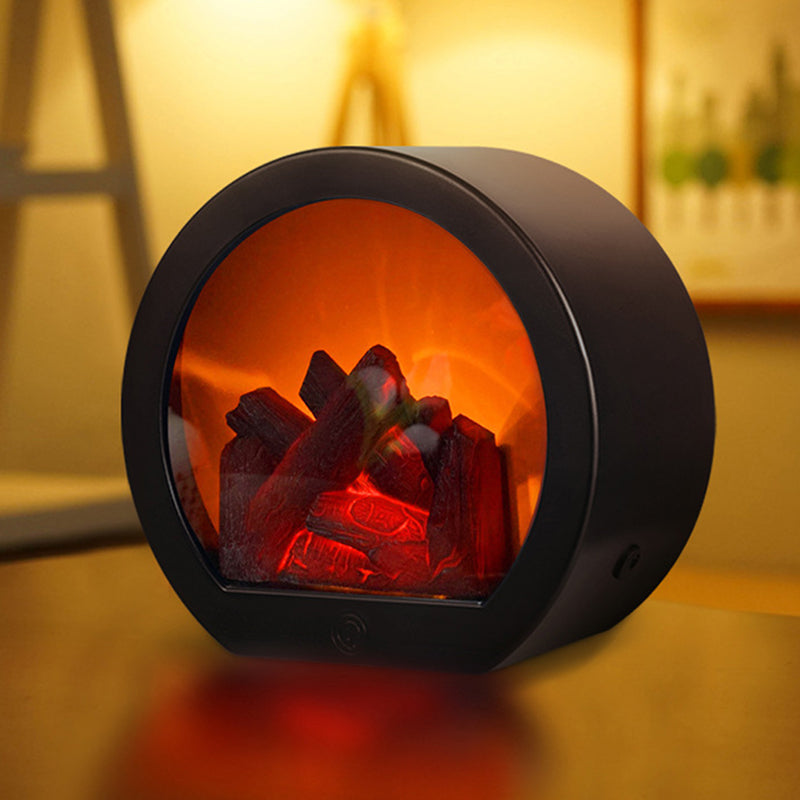 Avelena | Zeitgenössische Retro ABS Simulierte Flamme Kamin Runde Batterie Rechteckige LED Tischlampe Für Wohnzimmer