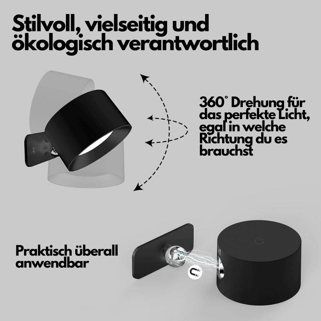 Avelena | 360° kabelloses wiederaufladbares Wandlicht | Vielseitige LED-Beleuchtungslösung