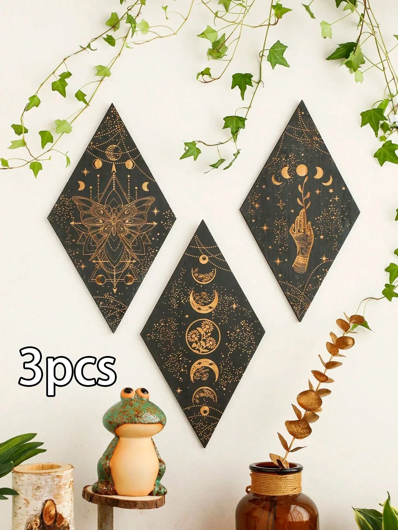 Avelena | Schwarze Mondphasen Holz Wanddekoration Rhombus Wandkunst Boho Wohnkultur Hexe Wandbehang Dekoration Raumdekor Ästhetisches Geschenk